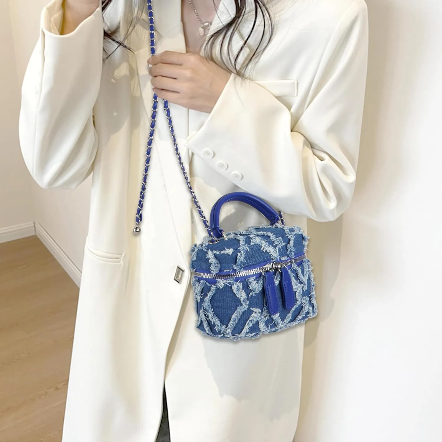 Women Denim Mini Bucket Shoulder Crossbody Bag Drawstring Quilted Distressed Tassel Barrel Shape Satchel Purse