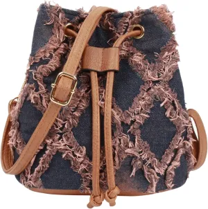 Women Denim Mini Bucket Shoulder Crossbody Bag Drawstring Quilted Distressed Tassel Barrel Shape Satchel Purse
