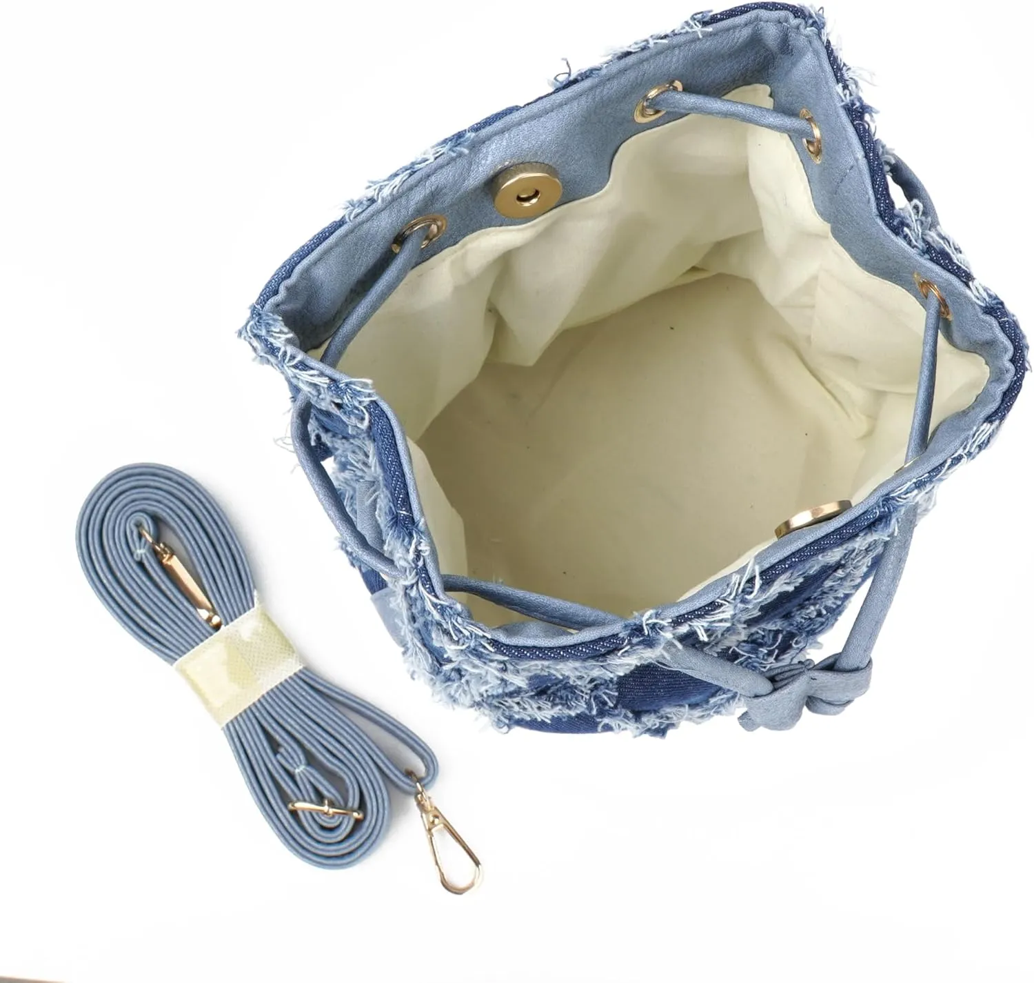 Women Denim Mini Bucket Shoulder Crossbody Bag Drawstring Quilted Distressed Tassel Barrel Shape Satchel Purse