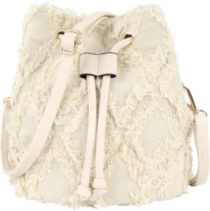 Women Denim Mini Bucket Shoulder Crossbody Bag Drawstring Quilted Distressed Tassel Barrel Shape Satchel Purse