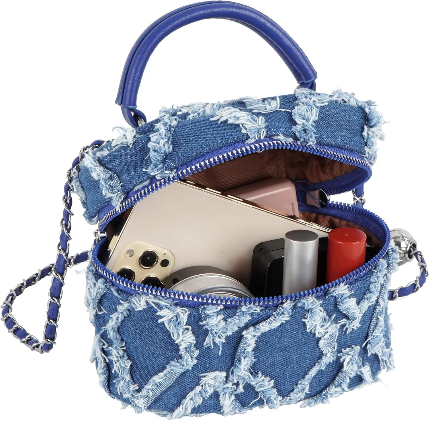 Women Denim Mini Bucket Shoulder Crossbody Bag Drawstring Quilted Distressed Tassel Barrel Shape Satchel Purse