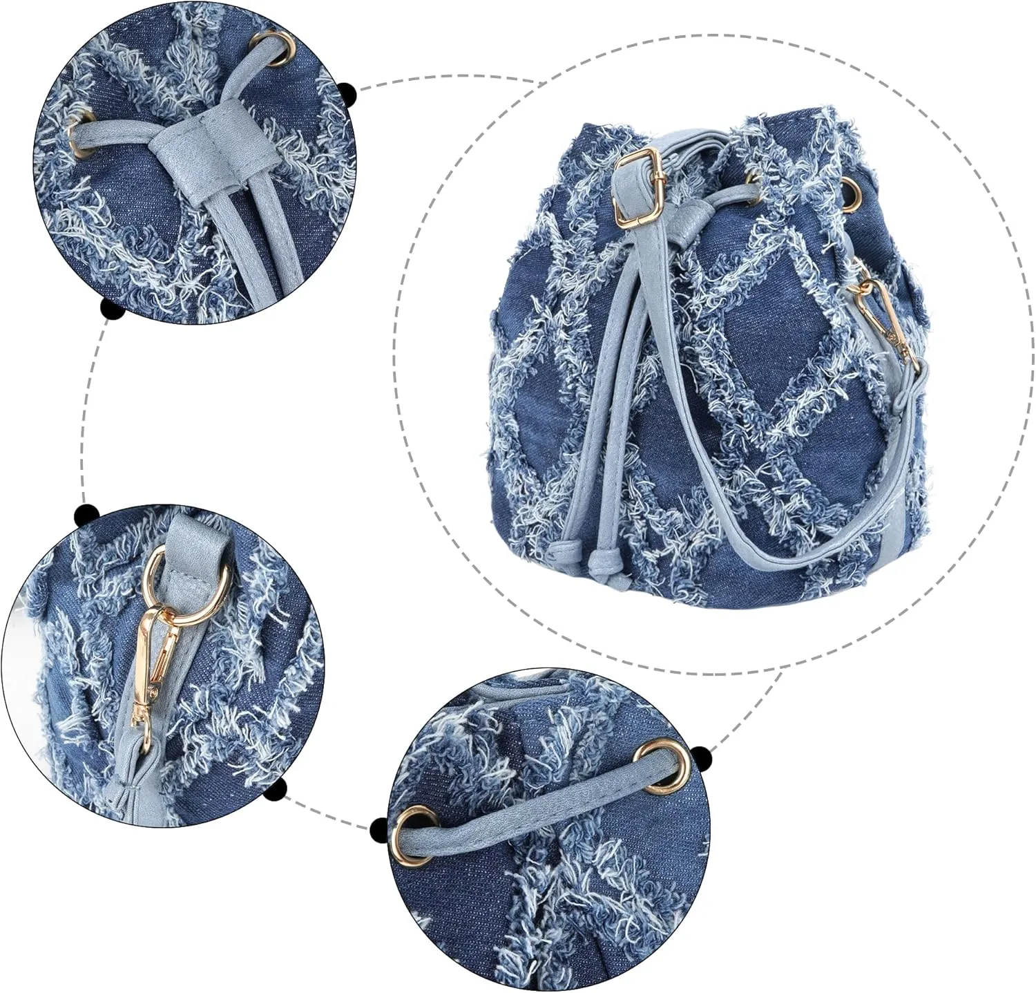 Women Denim Mini Bucket Shoulder Crossbody Bag Drawstring Quilted Distressed Tassel Barrel Shape Satchel Purse