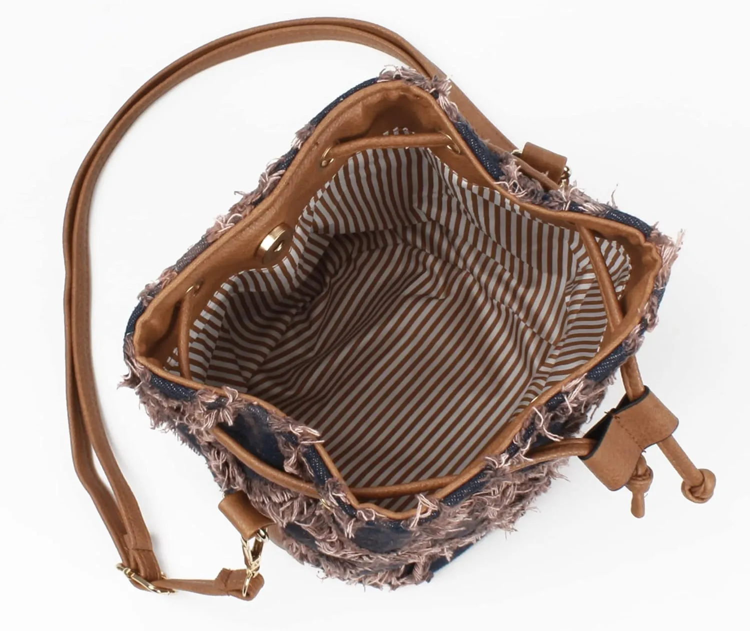 Women Denim Mini Bucket Shoulder Crossbody Bag Drawstring Quilted Distressed Tassel Barrel Shape Satchel Purse