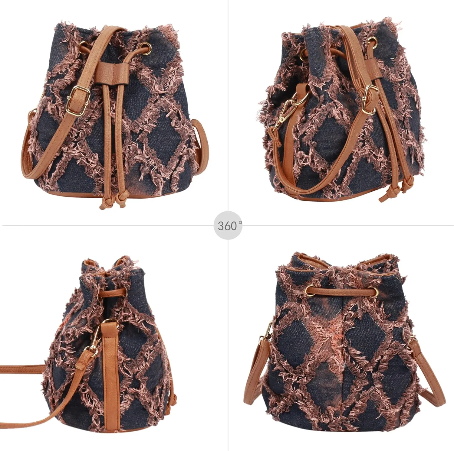 Women Denim Mini Bucket Shoulder Crossbody Bag Drawstring Quilted Distressed Tassel Barrel Shape Satchel Purse