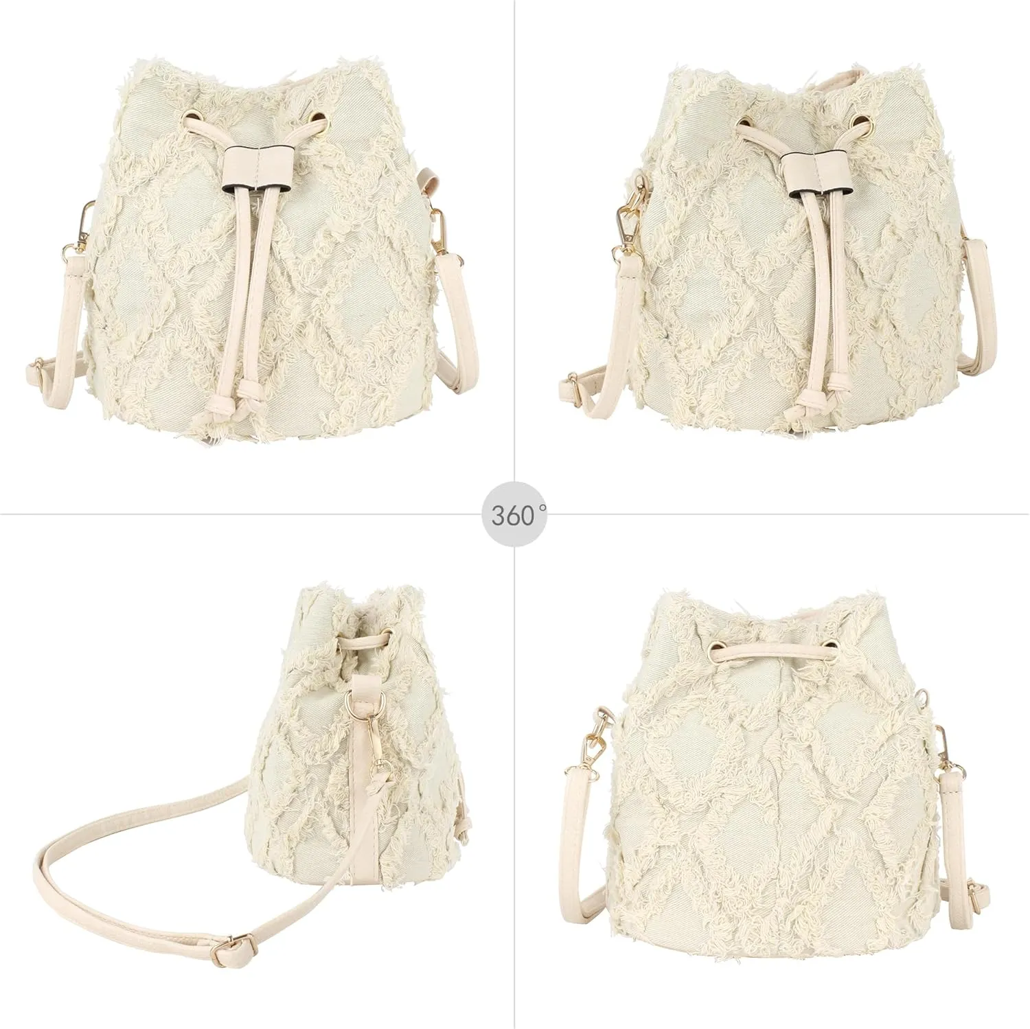Women Denim Mini Bucket Shoulder Crossbody Bag Drawstring Quilted Distressed Tassel Barrel Shape Satchel Purse