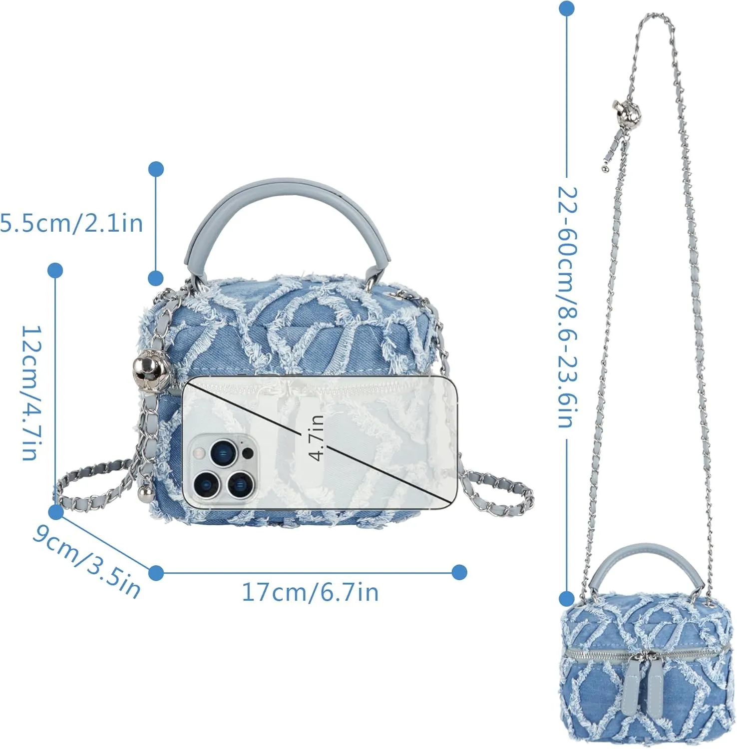 Women Denim Mini Bucket Shoulder Crossbody Bag Drawstring Quilted Distressed Tassel Barrel Shape Satchel Purse