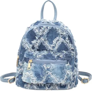 Women Denim Mini Bucket Shoulder Crossbody Bag Drawstring Quilted Distressed Tassel Barrel Shape Satchel Purse