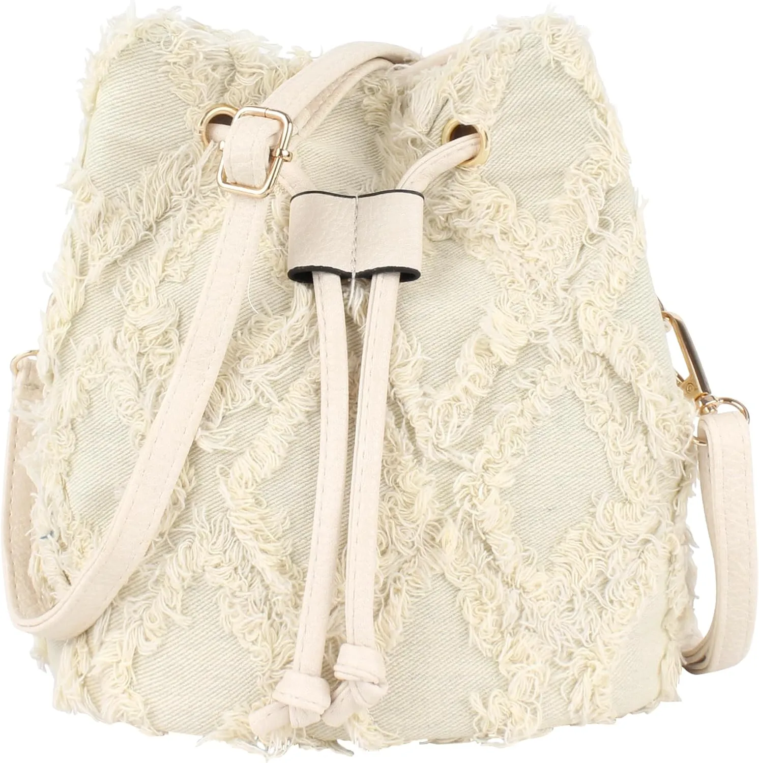 Women Denim Mini Bucket Shoulder Crossbody Bag Drawstring Quilted Distressed Tassel Barrel Shape Satchel Purse