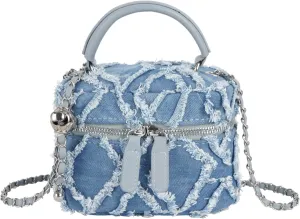 Women Denim Mini Bucket Shoulder Crossbody Bag Drawstring Quilted Distressed Tassel Barrel Shape Satchel Purse