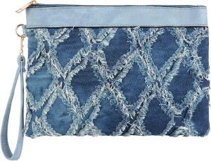 Women Denim Wristlet Clutch Purses Wallet Envelope Handbag PU Leather Quilted Distressed Zipper Satchel