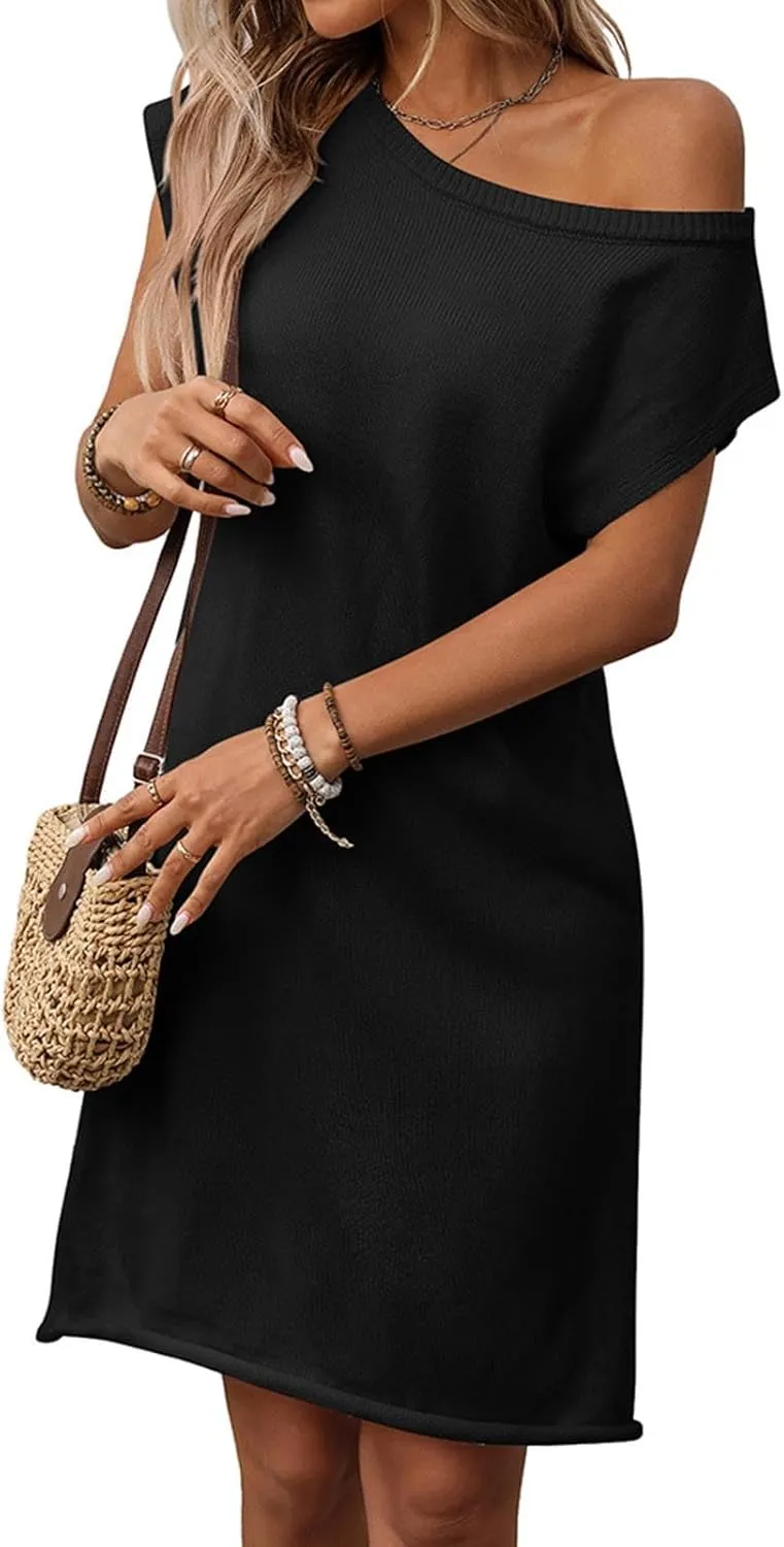 Women Dresses Cold Shoulder Or One Shoulder Short Sleeve Summer Dress Casual Boho Cover Ups Knee Length Beach Dresses