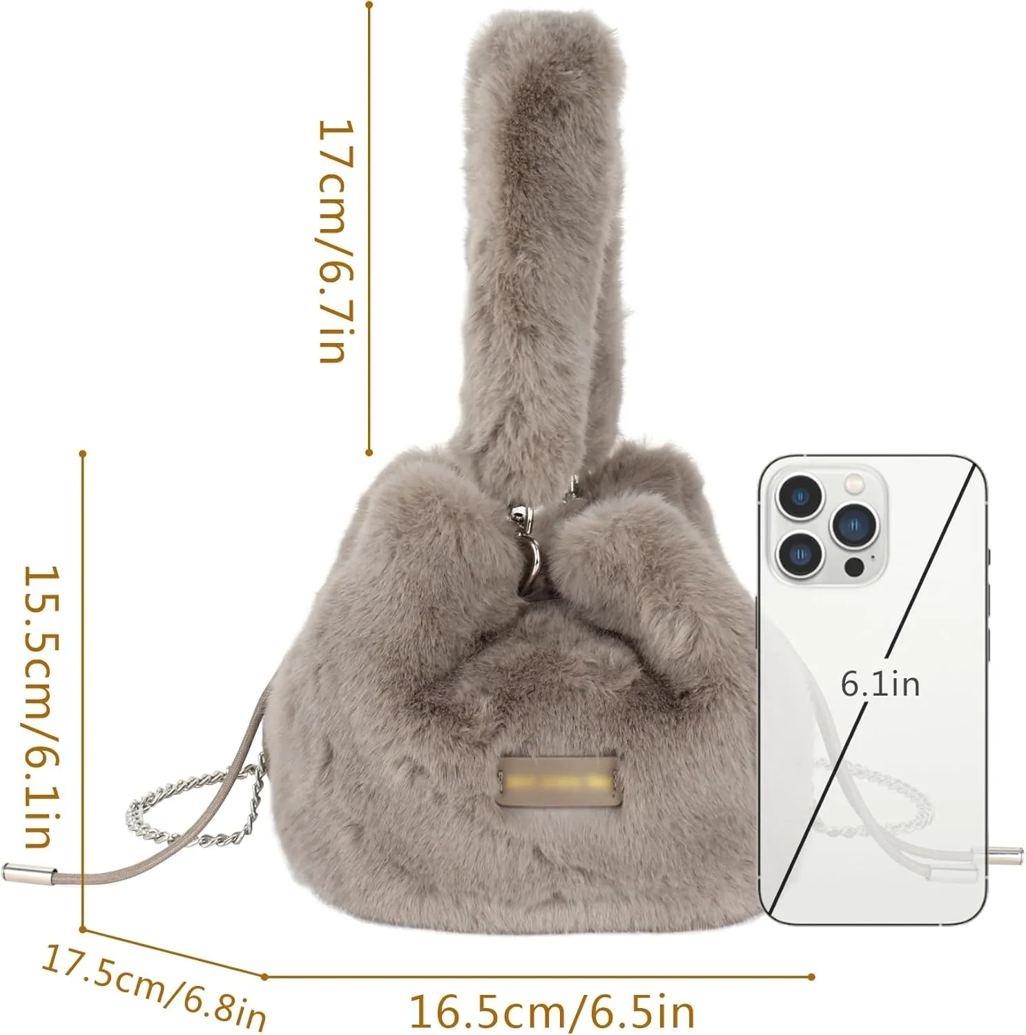 Women Faux Fur Winter Fashion Shoulder Bag Barrel Shape Drawstring Satchel Purse