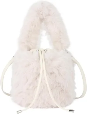 Women Faux Fur Winter Fashion Shoulder Bag Barrel Shape Drawstring Satchel Purse