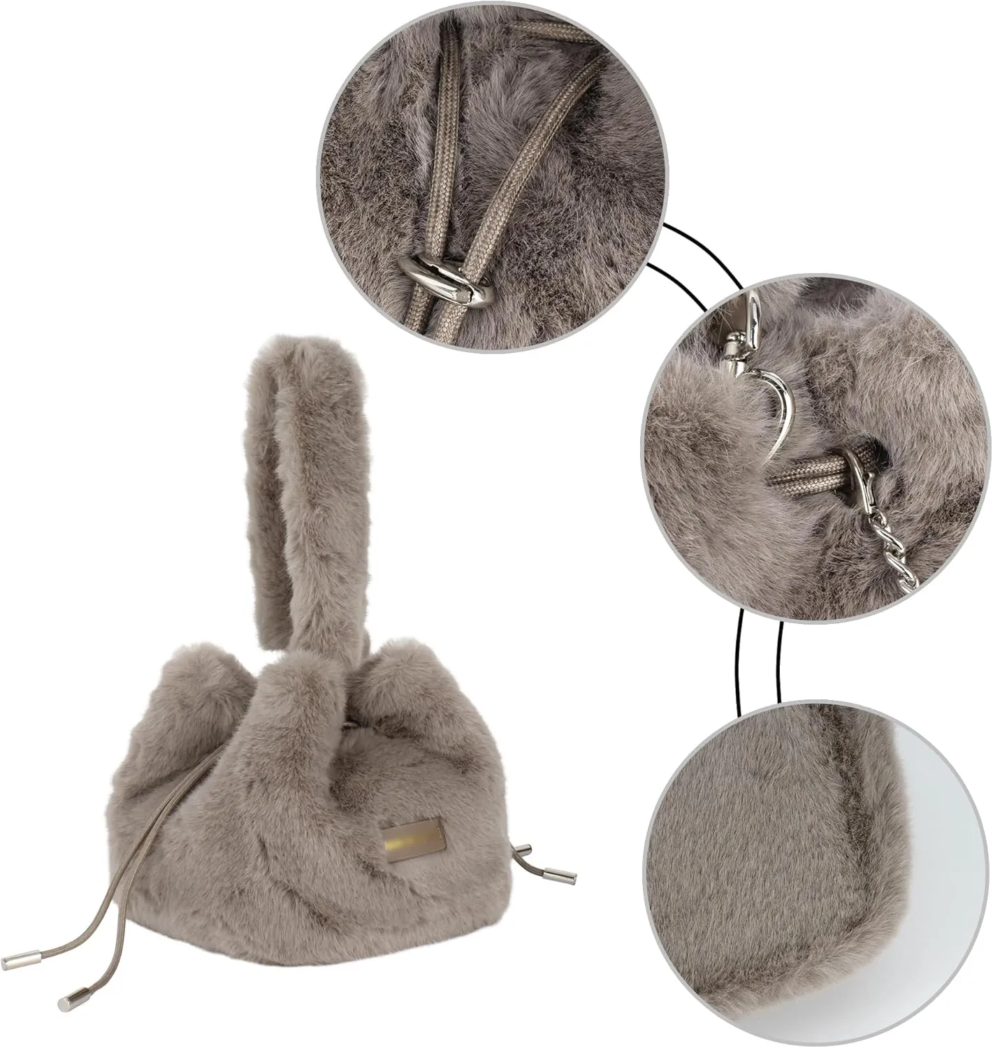 Women Faux Fur Winter Fashion Shoulder Bag Barrel Shape Drawstring Satchel Purse