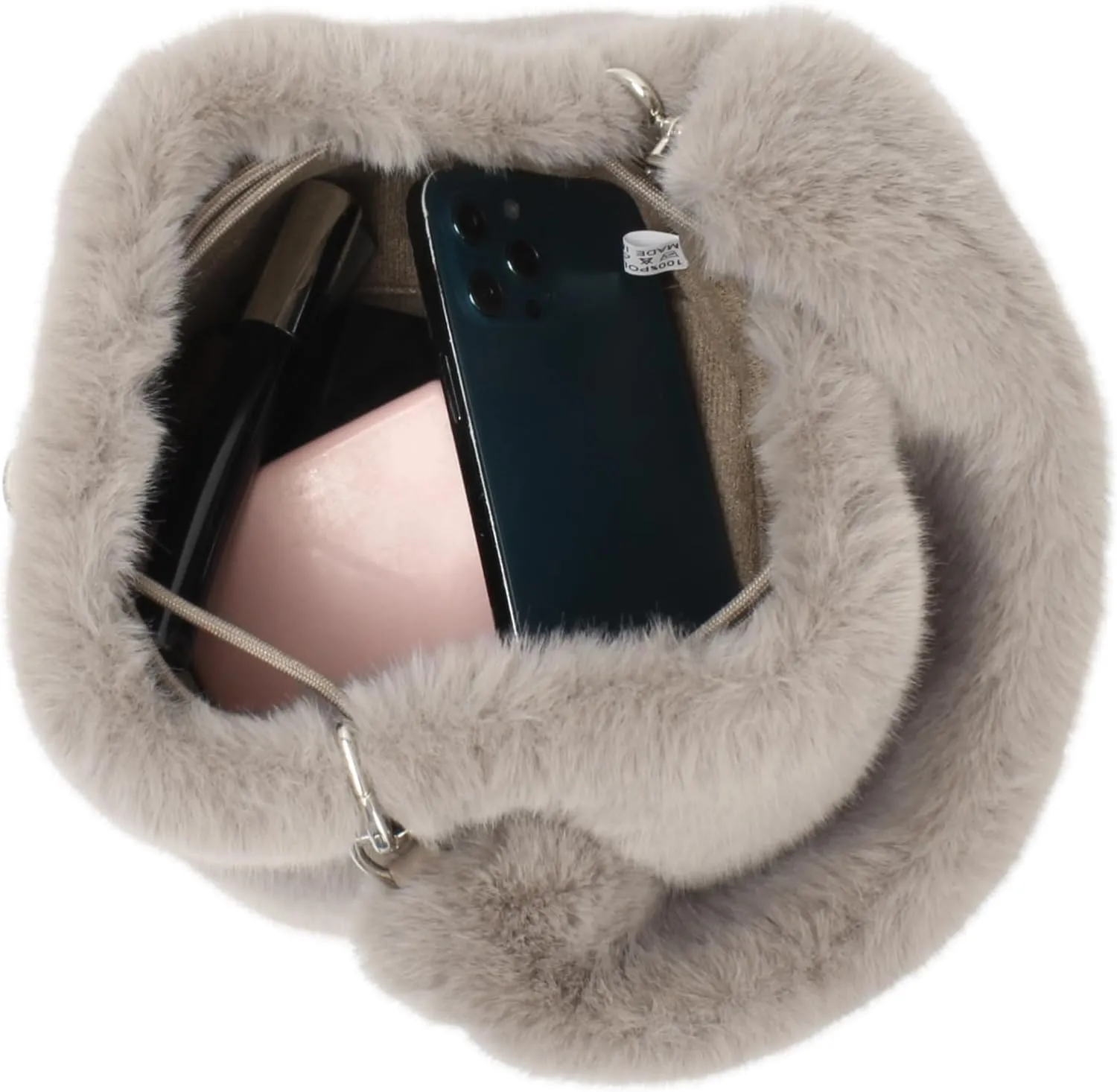 Women Faux Fur Winter Fashion Shoulder Bag Barrel Shape Drawstring Satchel Purse