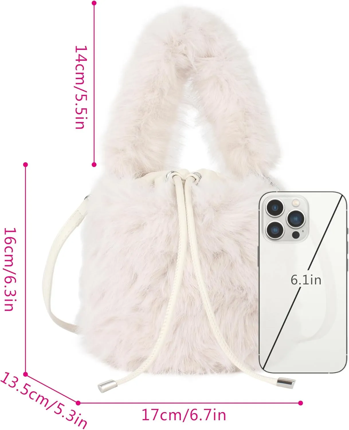 Women Faux Fur Winter Fashion Shoulder Bag Barrel Shape Drawstring Satchel Purse