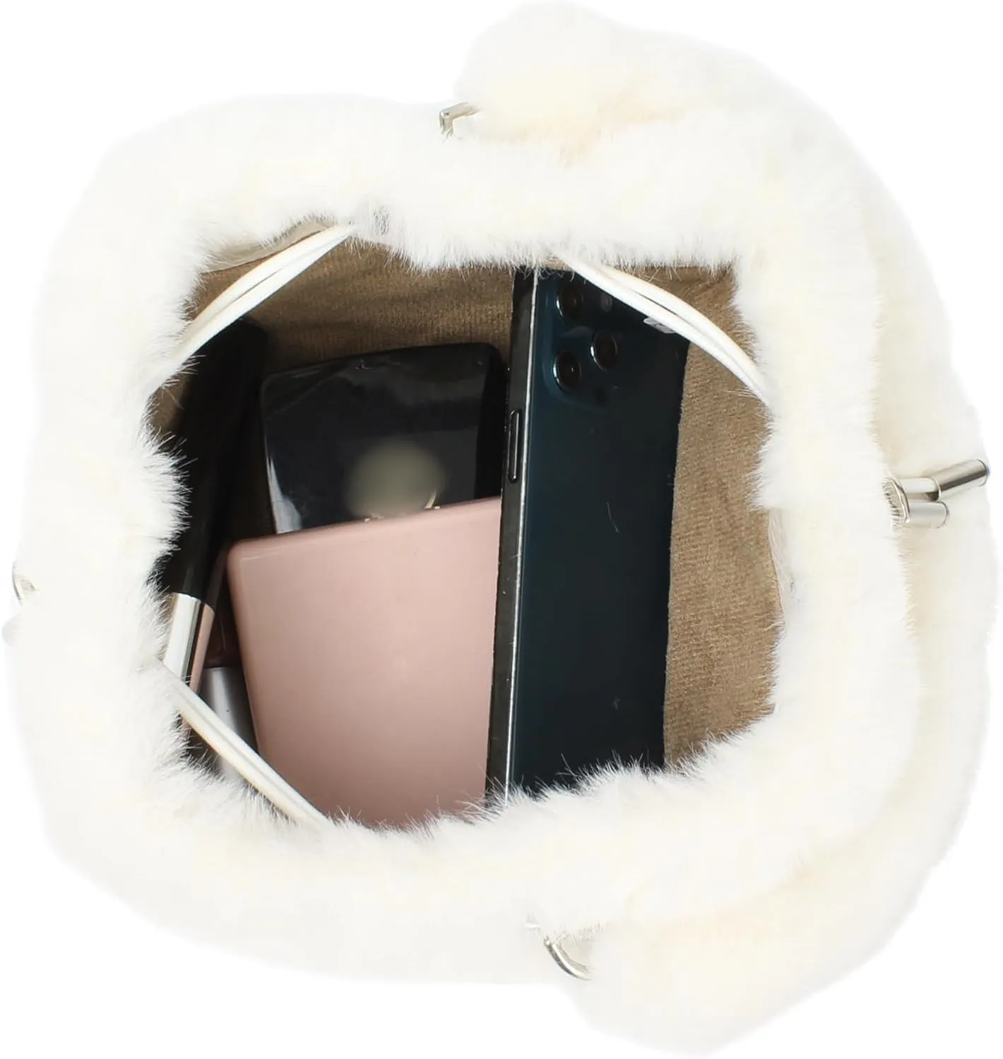 Women Faux Fur Winter Fashion Shoulder Bag Barrel Shape Drawstring Satchel Purse