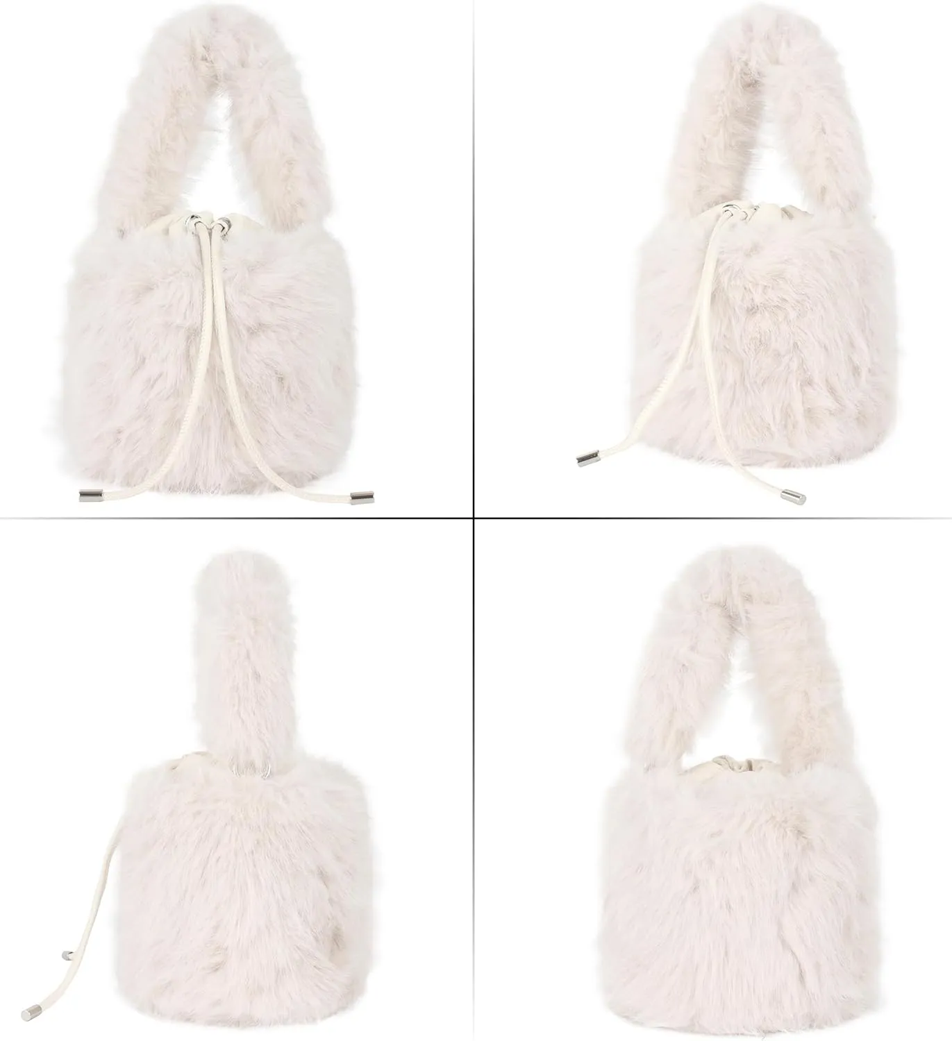Women Faux Fur Winter Fashion Shoulder Bag Barrel Shape Drawstring Satchel Purse
