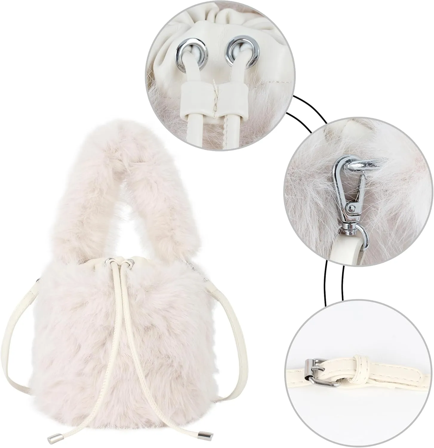 Women Faux Fur Winter Fashion Shoulder Bag Barrel Shape Drawstring Satchel Purse