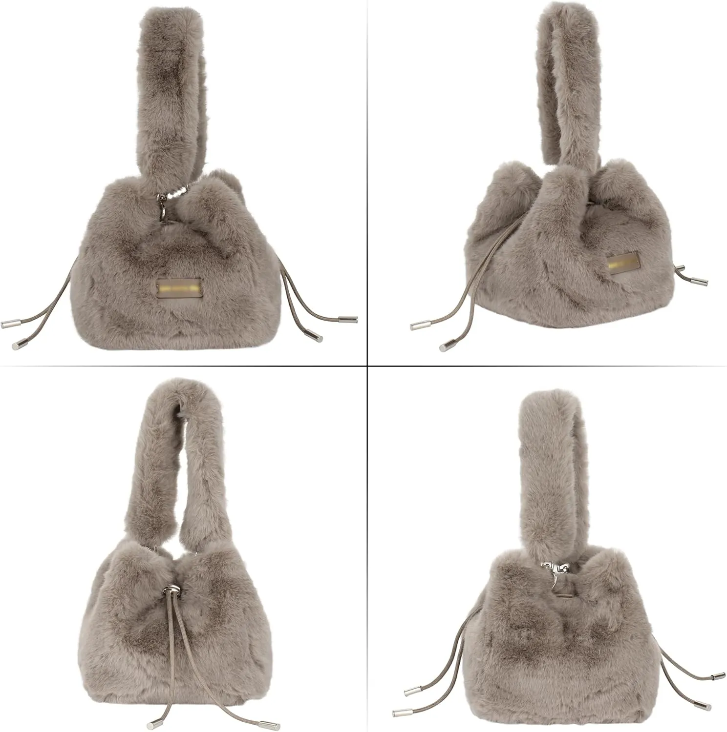 Women Faux Fur Winter Fashion Shoulder Bag Barrel Shape Drawstring Satchel Purse