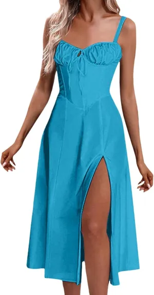 Women Floral Corset Dress Sleeveless Print Tie Dresses Spaghetti Strap Maxi Boho Flowy Slit Dress Beach Summer Dress