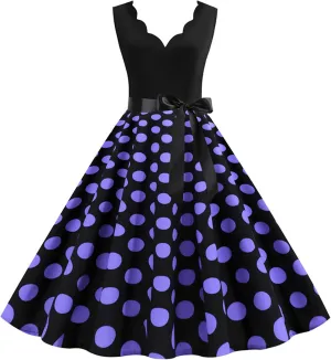 Women HOCO Dress Polka Dot Empired Waisted Flared Dresses Sleeveless Aline Tea Party Dress