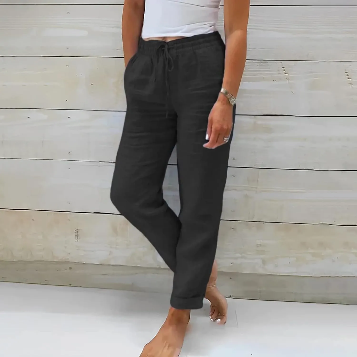 Women Linen Palazzo Pants Winter Satin Sports Jeans with Pockets Fleece Lined Water Resistant