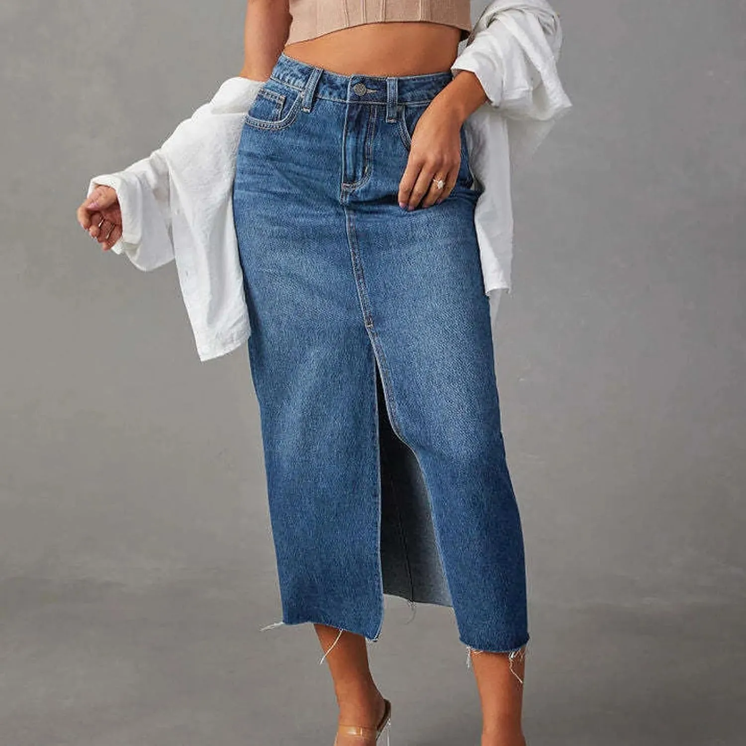 Women Midi Skirts Vintage Jeans Skirt High Waisted Front Slit Denim Skirt
