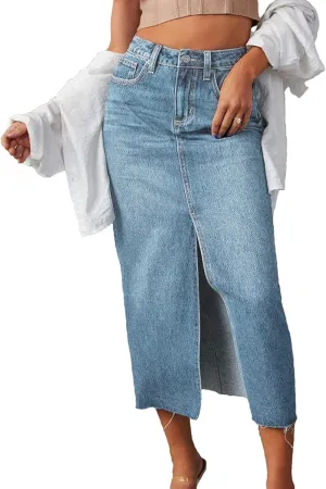 Women Midi Skirts Vintage Jeans Skirt High Waisted Front Slit Denim Skirt