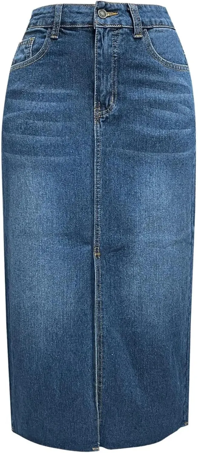 Women Midi Skirts Vintage Jeans Skirt High Waisted Front Slit Denim Skirt