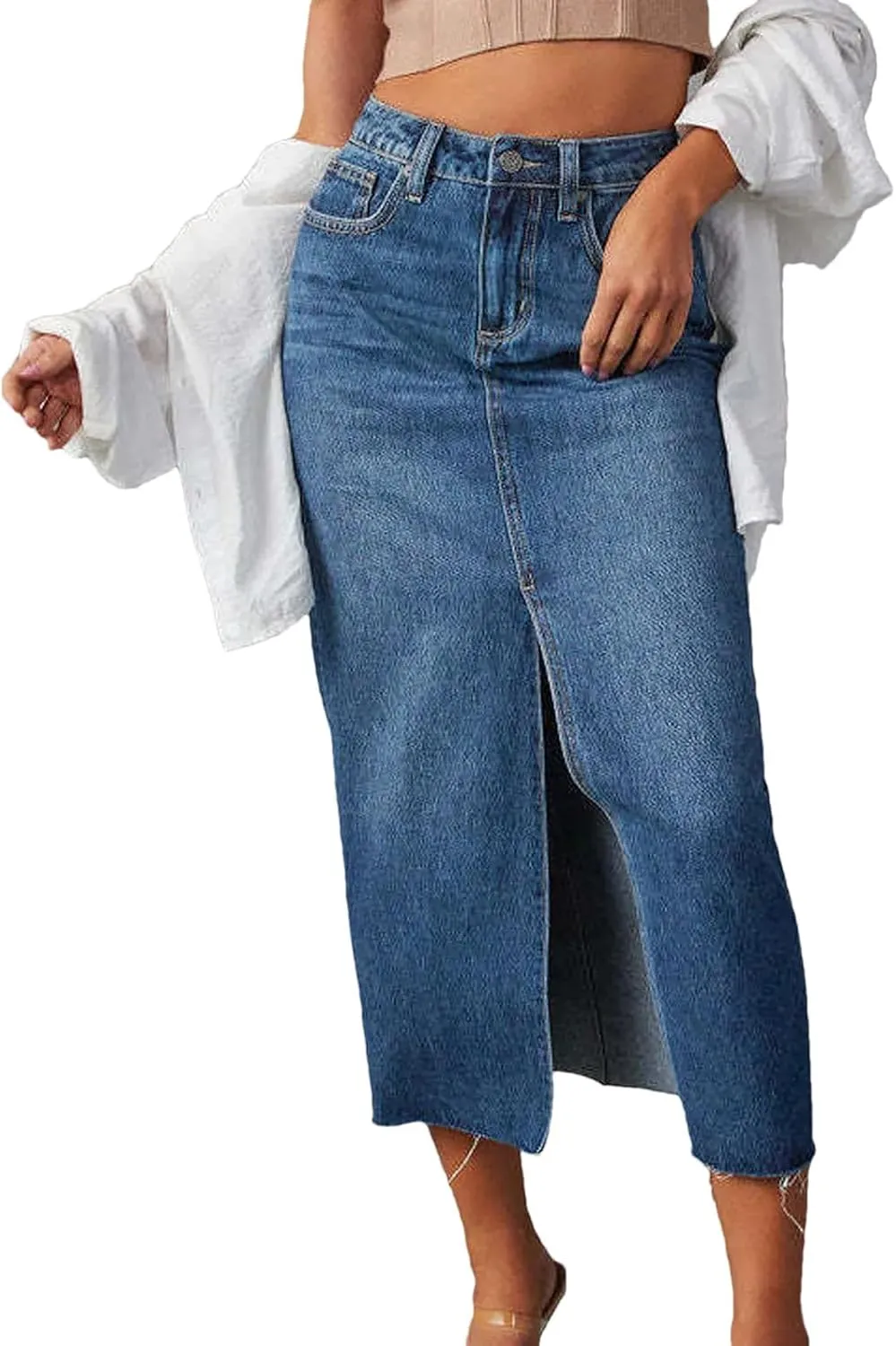 Women Midi Skirts Vintage Jeans Skirt High Waisted Front Slit Denim Skirt