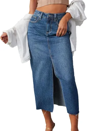 Women Midi Skirts Vintage Jeans Skirt High Waisted Front Slit Denim Skirt