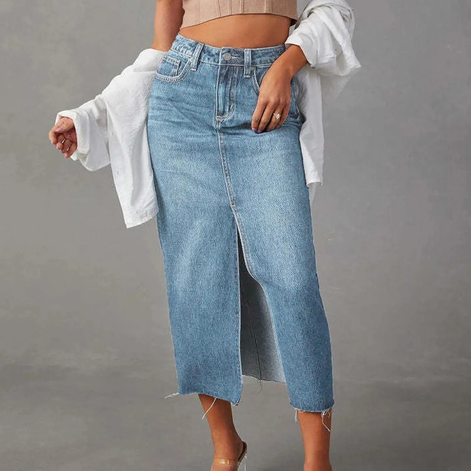 Women Midi Skirts Vintage Jeans Skirt High Waisted Front Slit Denim Skirt