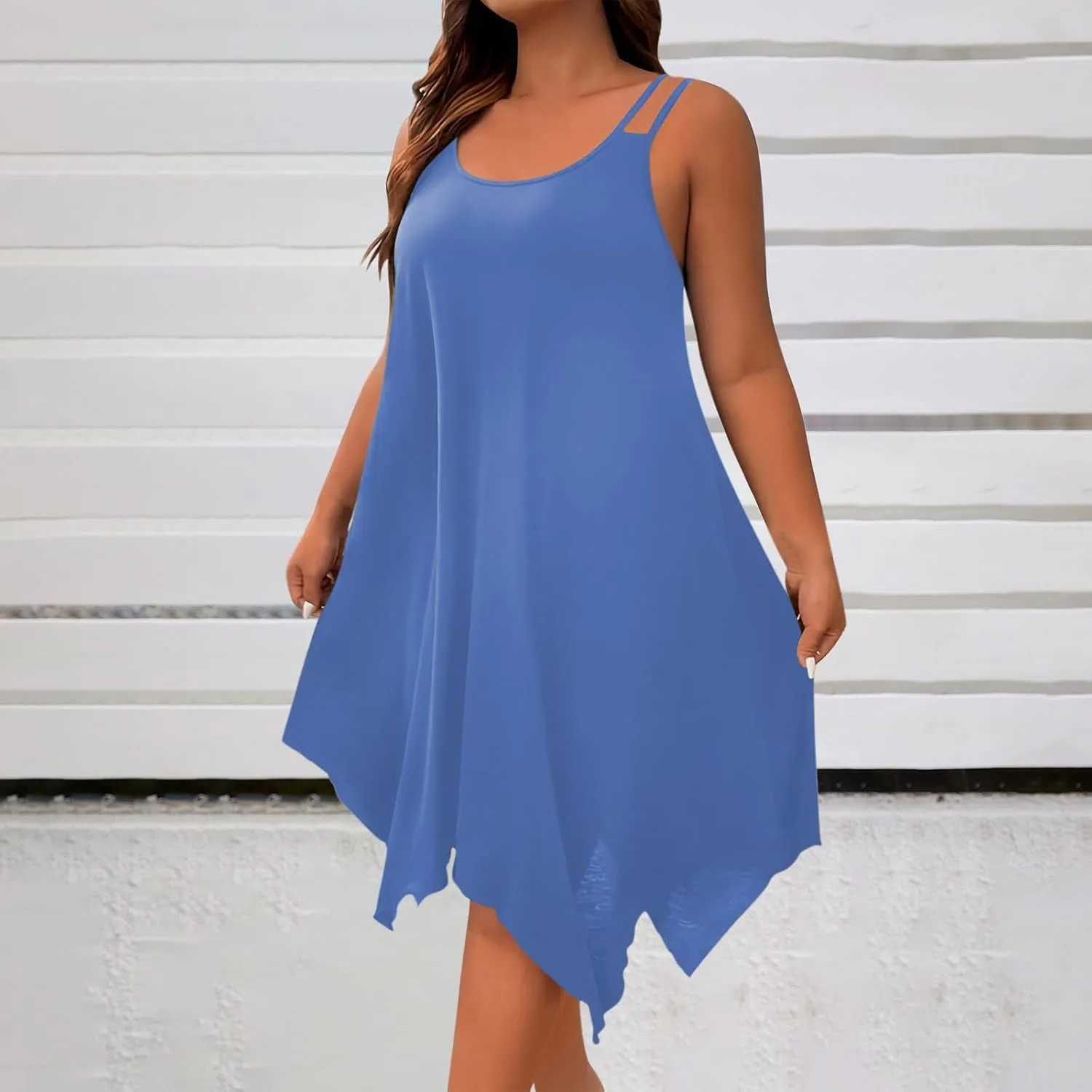 Women Plus Size Casual Dress, Summer Sleeveless Spaghetti Strap Beach Dresses Fashion Irregular Hem Vacation Clothes