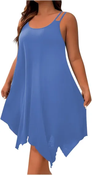 Women Plus Size Casual Dress, Summer Sleeveless Spaghetti Strap Beach Dresses Fashion Irregular Hem Vacation Clothes