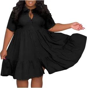 Women Plus Size Summer Dresses Fashion Single Breasted Lapels Short Sleeve Sundress Casual A Line Dresses