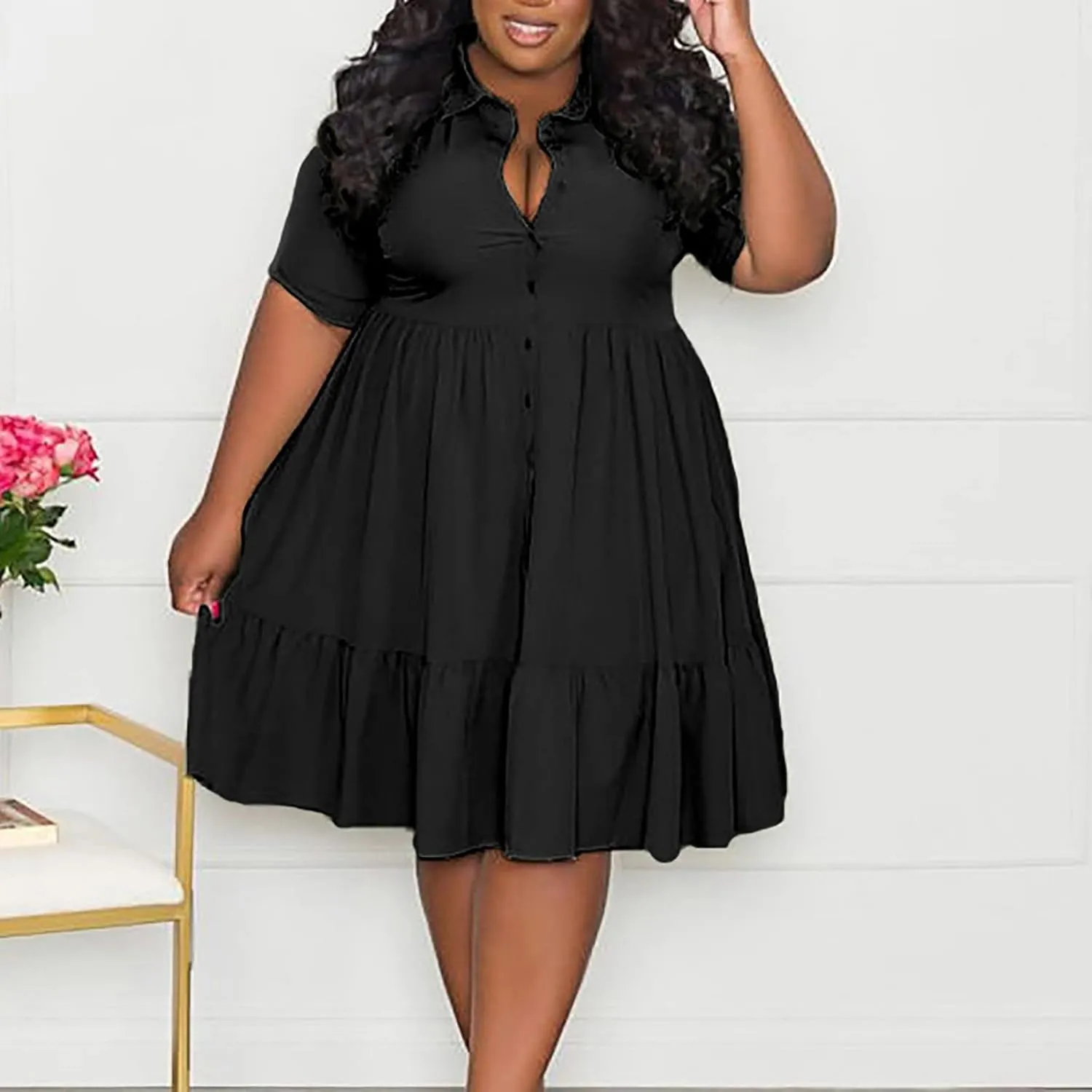 Women Plus Size Summer Dresses Fashion Single Breasted Lapels Short Sleeve Sundress Casual A Line Dresses