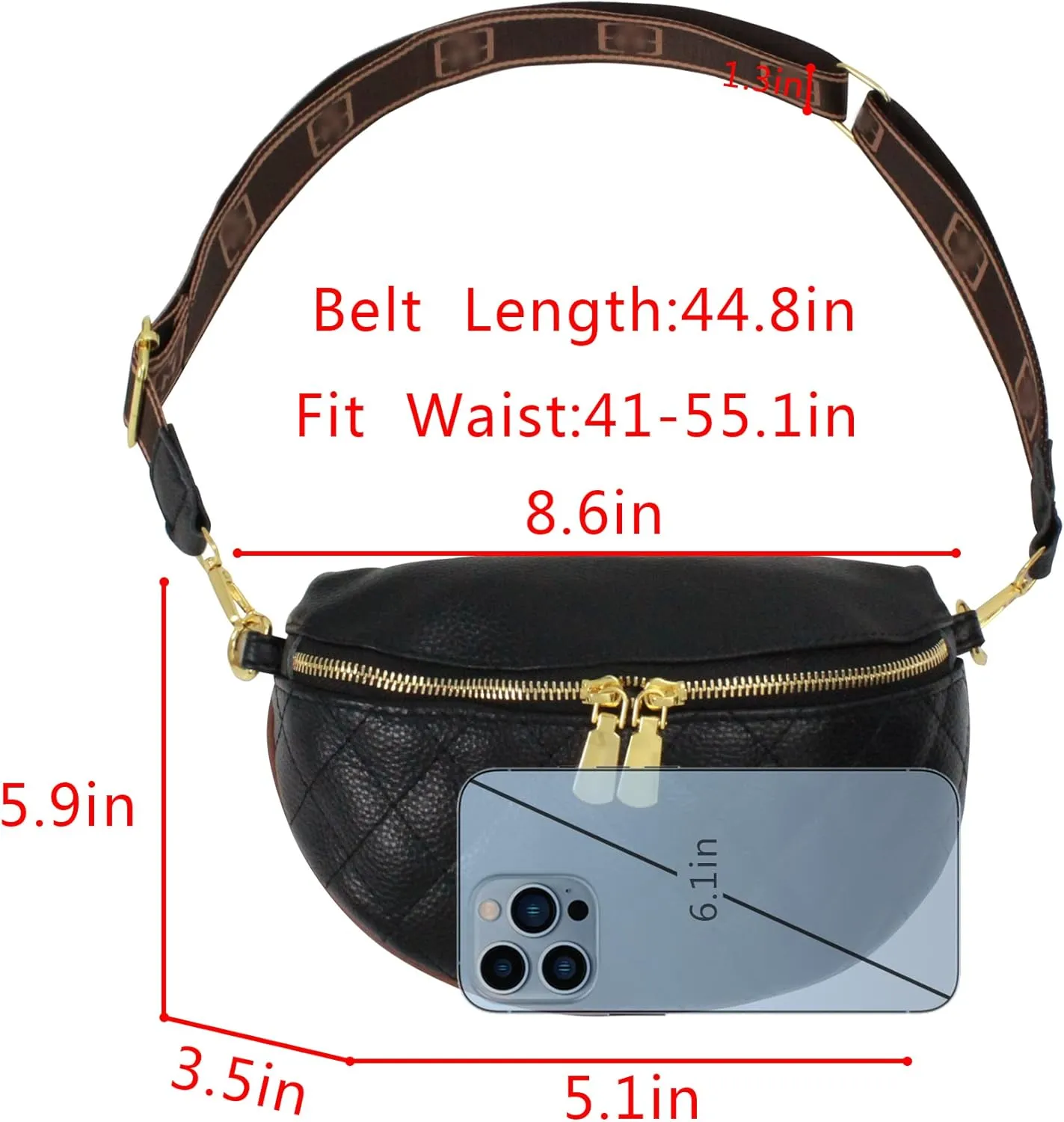 Women Rivet Studded Zipper Pocket Shoulder Purse Faux Leather Waist Packs Rave Chest Bag Festival Fanny Bag Purse Green, 07103 Black