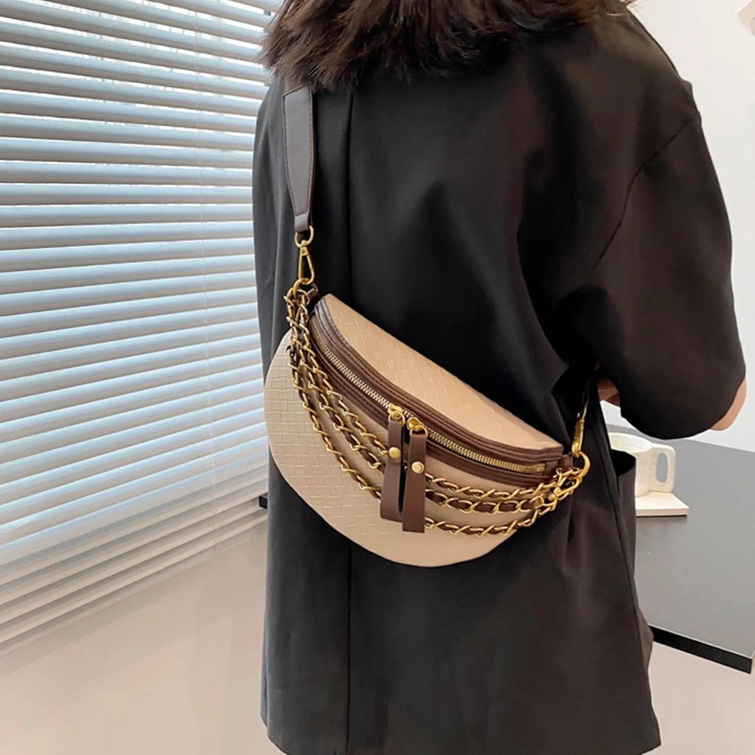 Women Rivet Studded Zipper Pocket Shoulder Purse Faux Leather Waist Packs Rave Chest Bag Festival Fanny Bag Purse Green, 07334Khaki