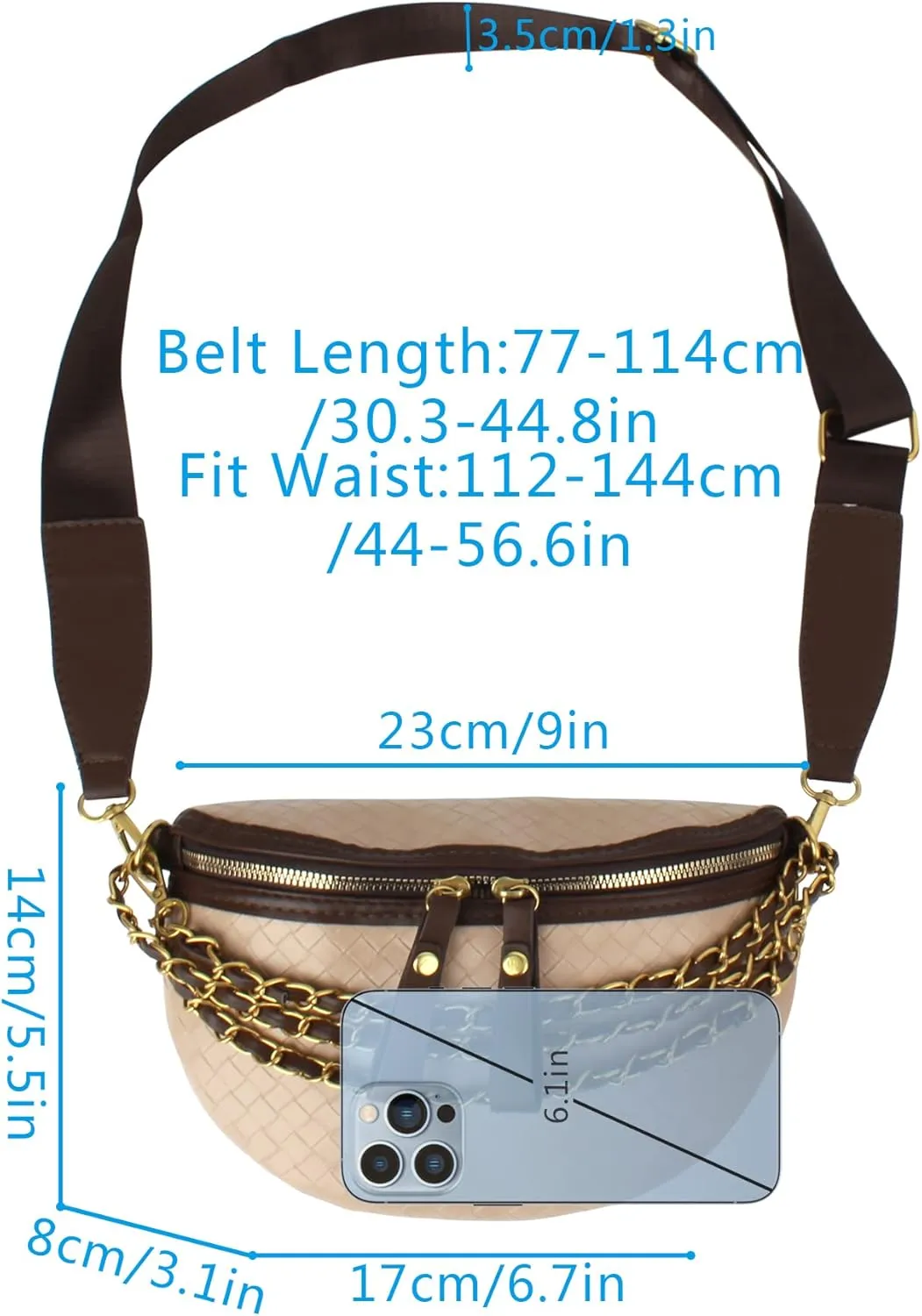 Women Rivet Studded Zipper Pocket Shoulder Purse Faux Leather Waist Packs Rave Chest Bag Festival Fanny Bag Purse Green, 07334Khaki