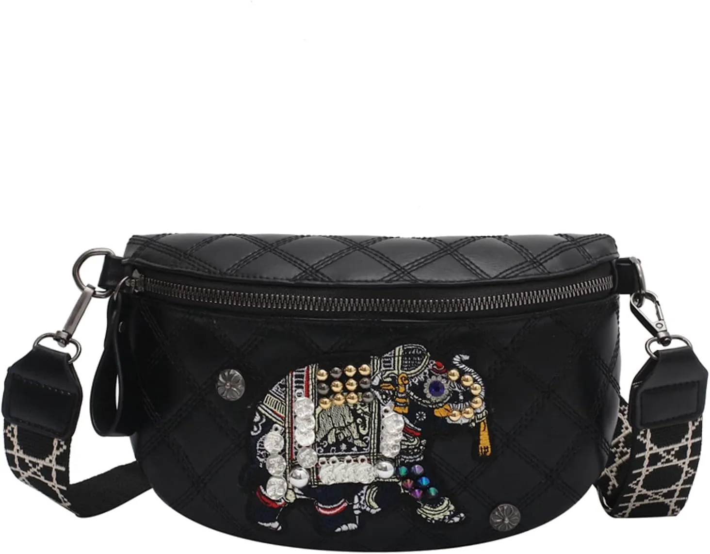 Women Rivet Studded Zipper Pocket Shoulder Purse Faux Leather Waist Packs Rave Chest Bag Festival Fanny Bag Purse Green, Black06032