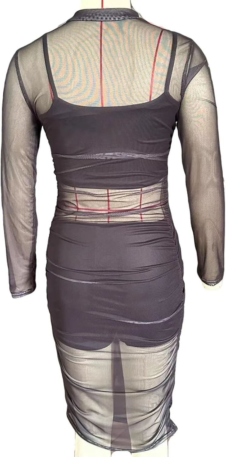 Women Sexy 3 Piece Outfits Set See Through Print Long Sleeve Midi Dress Sheer Mesh Crop Tank Tops Bodycon Skirt