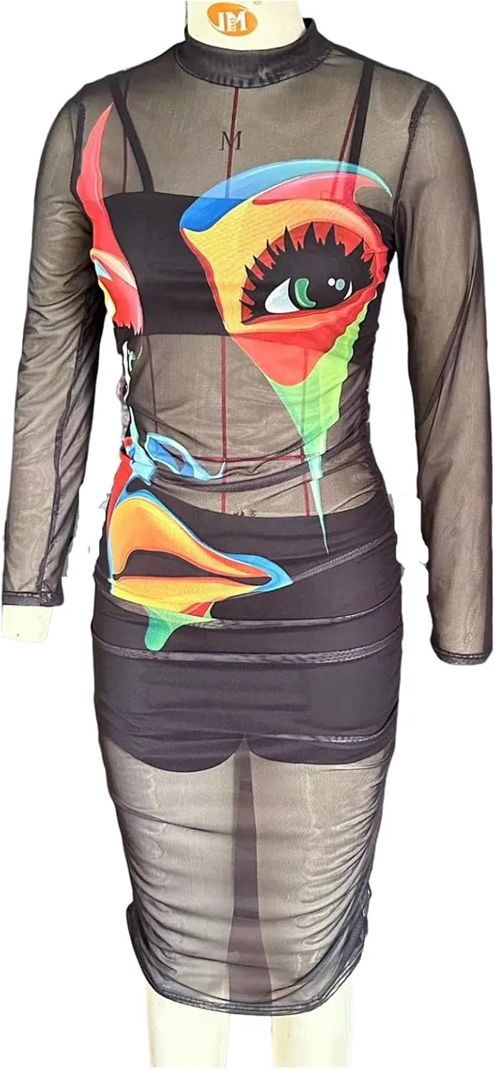 Women Sexy 3 Piece Outfits Set See Through Print Long Sleeve Midi Dress Sheer Mesh Crop Tank Tops Bodycon Skirt