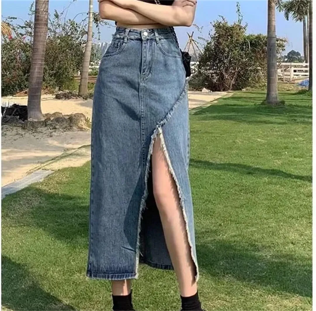 Women Sexy High-Waisted Side Slit Denim Skirt Spring Autumn Fashion Long Dress
