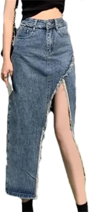 Women Sexy High-Waisted Side Slit Denim Skirt Spring Autumn Fashion Long Dress