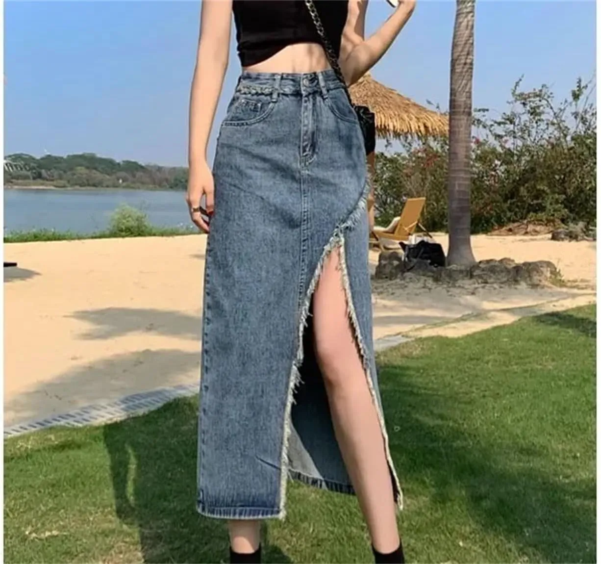 Women Sexy High-Waisted Side Slit Denim Skirt Spring Autumn Fashion Long Dress