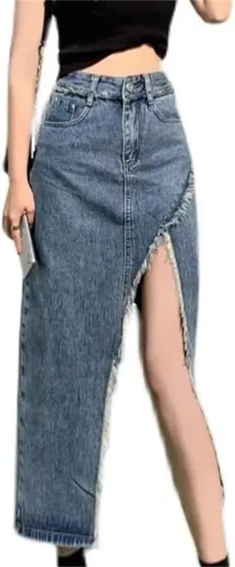 Women Sexy High-Waisted Side Slit Denim Skirt Spring Autumn Fashion Long Dress