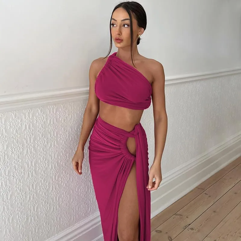 Women Sexy Maxi Skirt Set Y2k Strapless One Shoulder Hollow Out Tops High Split Skirt 2 Piece Party Club Dress