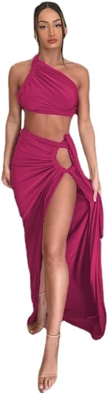 Women Sexy Maxi Skirt Set Y2k Strapless One Shoulder Hollow Out Tops High Split Skirt 2 Piece Party Club Dress
