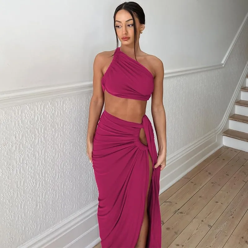 Women Sexy Maxi Skirt Set Y2k Strapless One Shoulder Hollow Out Tops High Split Skirt 2 Piece Party Club Dress